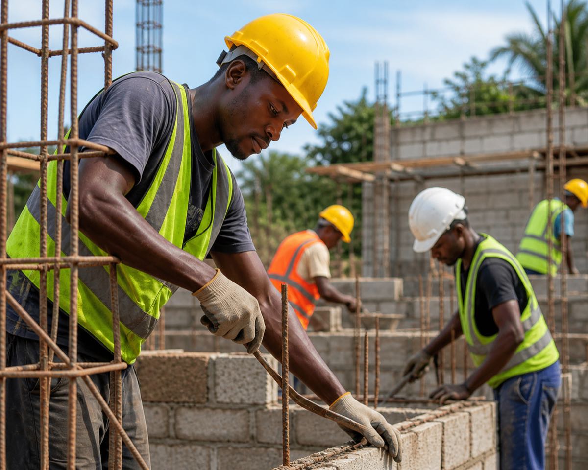 A builder laying blocks on a construction site