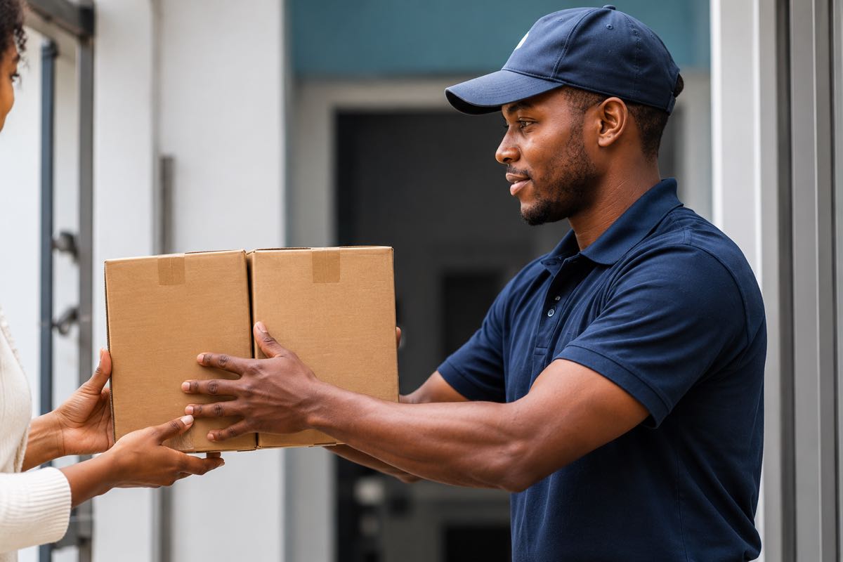 A courier handing parcels to a customer at a door