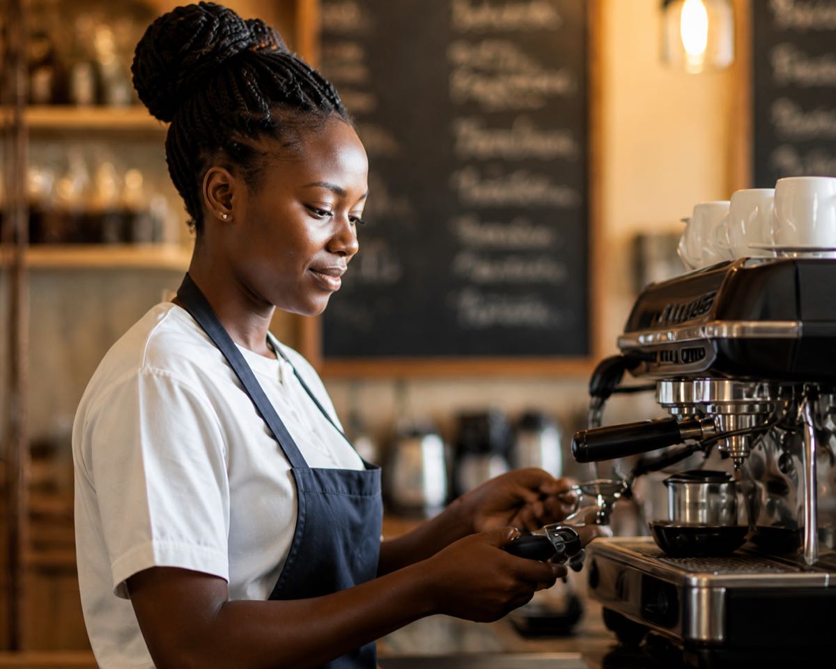 A barista preparing coffee behind a café counter